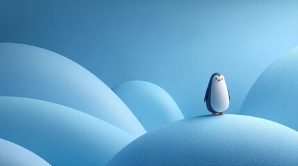 Adorable 3D cartoon penguin character stands on a soft blue snowy hill against a gradient sky, evoking a sense of wonder and childlike innocence.