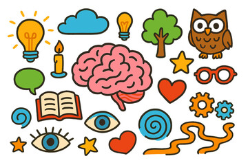 Fototapeta premium Mind Doodle Icons. Mind. Colorful Hand-drawn doodle Children illustration Brain, lightbulb, cloud, book, eye, heart, spiral, star, speech bubble, owl, candle,