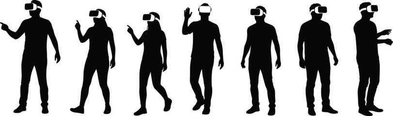 Silhouettes of six people wearing VR headsets in interactive poses, black vector design showing virtual reality, technology, immersion, and engagement