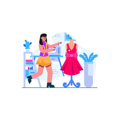 Woman Measures Red Dress on Mannequin in Bright Studio with Blue Accents and Plant Decorations