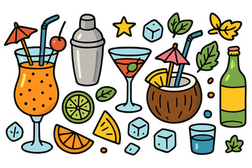 Vibrant Cocktail Doodles. Cocktails. Colorful Hand-drawn doodle Children illustration Cocktail glass, shaker, umbrella, straw, lime slice, cherry, ice cubes,