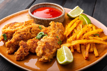 Homemade Crispy Chicken Strips with lime and ketchup and French Fries in a plate on a black wooden table close up