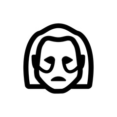 Illustration of a sad face with downturned eyes and mouth and a simple hairstyle in black and white