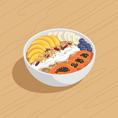 Flat Illustration Delicious Smoothie Bowl Topped with Various Fruits and Granola