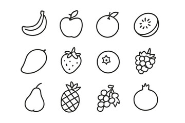 Fresh Fruit Icons. Fresh Fruits. Line icon set of Fresh Fruits: banana, apple, orange, kiwi, mango, strawberry, blueberry, raspberry, pear, pineapple, grapes,