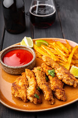 Homemade Crispy Chicken Strips with lime, beer and ketchup and French Fries in a plate on a black wooden table vertical photo