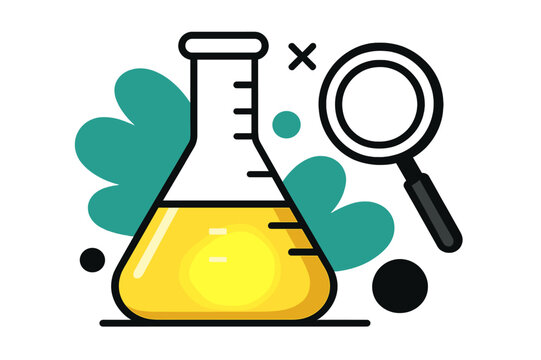 Scientific Precision Art. Measurement Focus. Close-up of a glowing measuring flask with liquid at a marked level, abstract magnifying glass shape floating