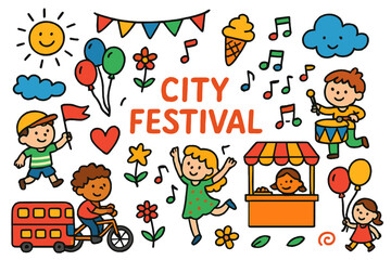 Fototapeta premium Festive City Parade. City Festival. Colorful Hand-drawn doodle Children illustration parade, balloons, flag, music note, drum, dancer, food stall, star, heart,