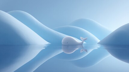 Serene white whale floats peacefully in calming pastel blue abstract water landscape, evoking tranquility and wonder