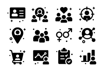 Target Audience Icons. Target Audience. Solid icons set of Target Audience: Persona Profile, Demographics, Interests, Behavior, Location Pin, Age Group,