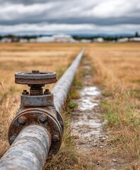 Large industrial oil or gas pipelines stretching across a yellow field toward the horizon under a dramatic, cloudy sky.