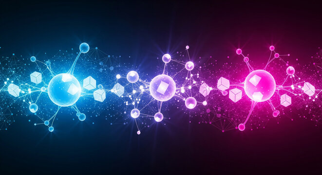 Futuristic digital network connection with glowing blue and pink nodes, particles, and data cubes representing technological innovation and connectivity
