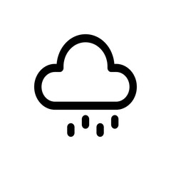 A simple black and white line drawing of a cloud with raindrops falling from it representing rainy weather