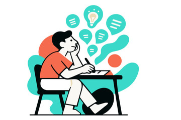 Floating Ideas Desk. Inspiration Desk. A person sitting at a desk with glowing notes floating upward like abstract bubbles of ideas. Modern flat-line