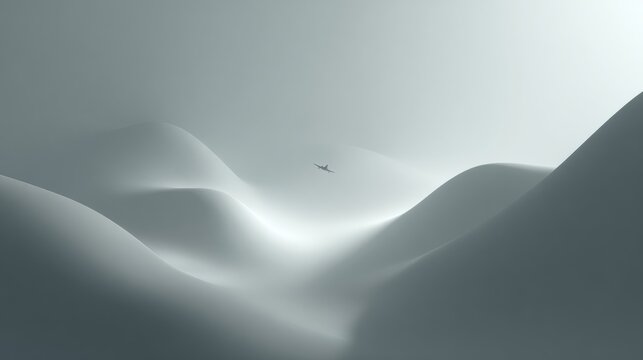 Lone jet soaring through ethereal, misty mountain peaks bathed in soft, atmospheric light