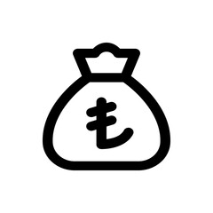 Illustration of a tied sack with a japanese character on it in black and white simple line drawing style