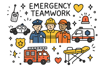 Emergency Response Icons. Emergency Teamwork. Hand-drawn doodle illustration group of responders (colored), ambulance, firetruck (colored), police car,