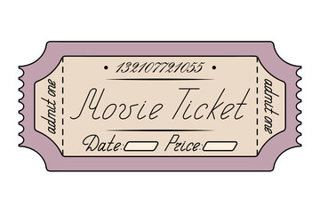 Movie. Pink ticket admit one. Date and price are indicated. Handwritten lettering with a capital letter. Color vector illustration. Tear-off ticket with a number. Isolated on white background. Cartoon
