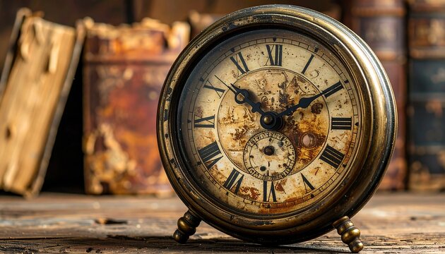 Antique clock with roman numerals and old books background