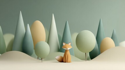 Charming cartoon fox sits peacefully in a whimsical forest scene with soft, pastel geometric trees and rolling hills, evoking a sense of wonder and childlike innocence.