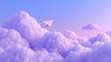 Dreamy paper airplane soars through soft purple clouds against a serene pastel sky, symbolizing hope and new beginnings in a whimsical journey.