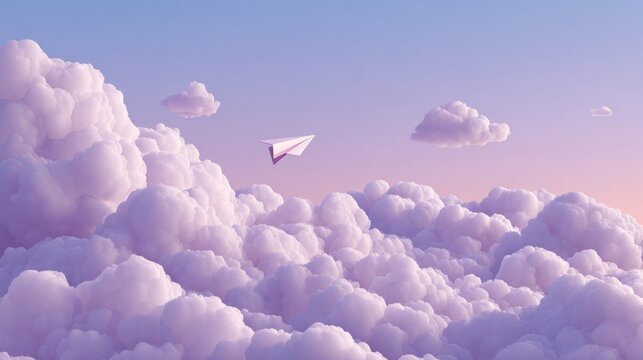 Dreamy paper airplane soars through soft pastel clouds at sunrise, symbolizing hope and new beginnings for your inspiring projects.