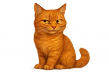 Orange cartoon cat sitting, looking smug and funny, animal character with cute feline expression on transparent background
