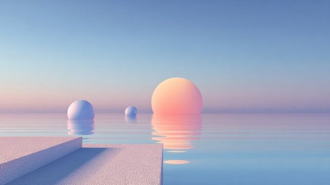 Serene abstract landscape with pastel spheres floating on tranquil water at dawn, evoking calm and modern elegance for design.
