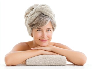 Woman with towel on head image of woman with towel on her head suggesting post hygiene or comfort moment