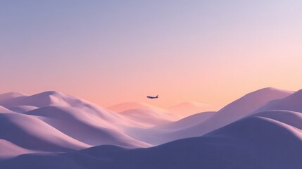 Serene airplane soaring above surreal, undulating purple hills under a dreamy gradient sky at sunrise or sunset.