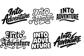 Fototapeta premium Diverse Lettering Styles. Into Adventure. Set lettering. harmonious lettering variations of the same emblematic concept, each with different artistic