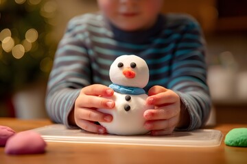 Child is holding a snowman made of play dough. The snowman has a blue scarf and a red nose. The child is smiling and seems to be enjoying the activity