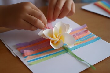 Person is making a card with a flower on it. The flower is made out of paper and ribbon. The card is colorful and has a happy, cheerful mood