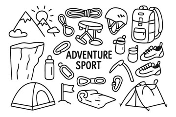 Fototapeta premium Adventure Sport Essentials. Adventure sport. Hand-drawn doodle illustration adventure sport mountain, rope, harness, helmet, backpack, climbing shoes, chalk