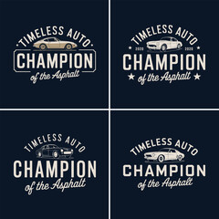 Retro sports car badge set with timeless auto typography, champion of the asphalt vector emblem, vintage racing style logo collection
