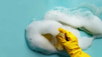 A hand wearing a yellow glove washes dishes with a sponge covered in soap bubbles against a blue background. Useful for topics related to domestic comfort, cleanliness, household chores, cleaning, and