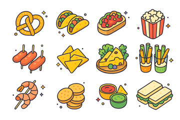 Colorful Party Snack Icons. Party snacks. Colorful isometric vector icons set of party snacks: pretzels, mini tacos, bruschetta, popcorn, cocktail sausages,