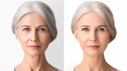 Gray haired woman with white face image of woman featuring gray hair and pale face highlighting her distinctive appearance