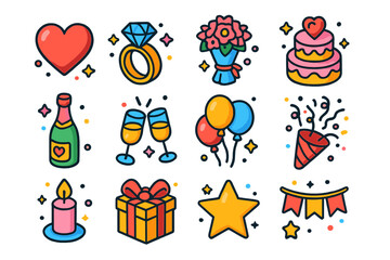 Fototapeta premium Love Party Icons. Love Party. Colorful isometric vector icons set of love party: heart, engagement ring, bouquet, cake, champagne bottle, glasses, balloons,
