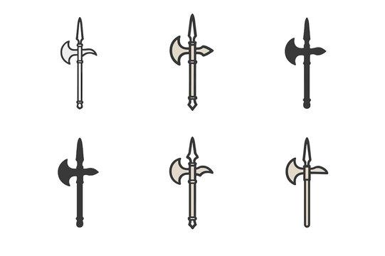 Antique Halberd Logos. Antique Weapons. Set Logo of Antique Weapons: halberd. harmonious logo variations of the same emblematic concept, each with different