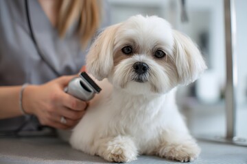 Woman is grooming a white dog with a pair of scissors. The dog is laying on a grooming table