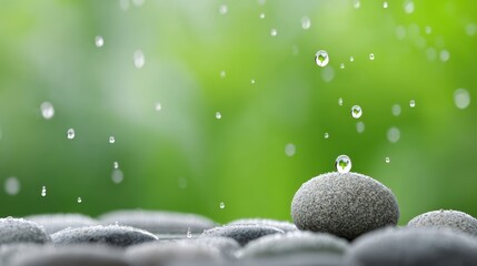 Spherical water mass suspended over stone stack spherical mass of water defying gravity elegantly suspended above carefully arranged stack of natural stones