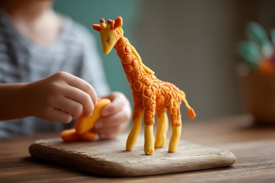 Child is playing with a giraffe made of clay. The giraffe is sitting on a wooden board, and the child is holding a piece of orange food. Concept of playfulness and creativity - Powered by Adobe