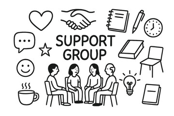 Support Group Icons. Support group. Hand-drawn doodle illustration support group people circle, heart, handshake, speech bubble, notebook, pen, clock, star,