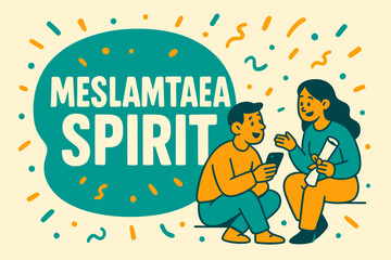 Meslamtaea Spirit Banner. Meslamtaea Spirit banner, flat vector illustration, bold oversized text inside rounded blob, cartoon characters sitting and chatting,