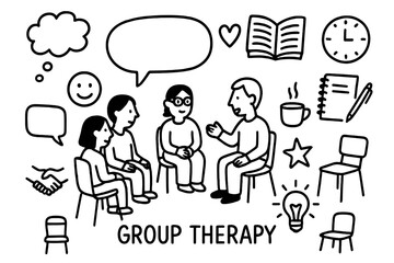 Naklejka premium Group Therapy Symbols. Group therapy. Hand-drawn doodle illustration group therapy people sitting in circle, speech bubble, heart, book, clock, notebook, pen,