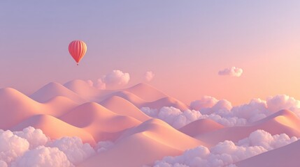 Obraz premium Dreamy hot air balloon drifts over pastel desert dunes at sunrise, inspiring wanderlust and adventure in a serene, surreal landscape