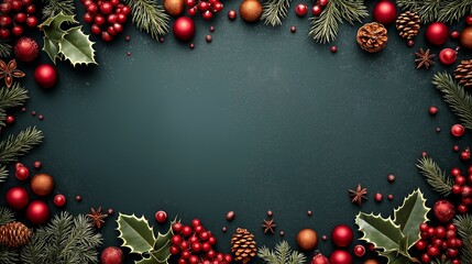 Overhead view of a festive Christmas frame made of pine branches, red ornaments, holly, berries, and pine cones on a dark green background with central copy space.