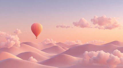 Obraz premium Dreamy hot air balloon floats serenely over surreal pastel pink dreamscape with soft clouds at sunrise