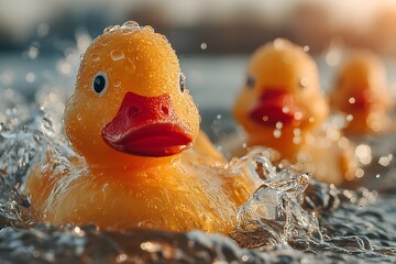 Three rubber ducks are swimming in the water, with one of them being yellow and having a red beak. The other two ducks are also yellow, but they do not have beaks. The scene is lively and playful